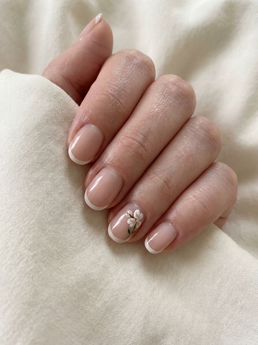 Short French mit Mini Floral Accent als Kurze French Nägel Inspiration 2026